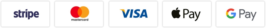 We accept Stripe, Mastercard, Visa, Apple Pay and Google Pay