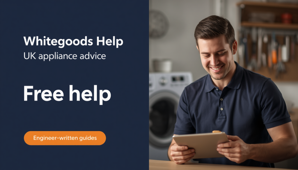 Appliance engineer using a tablet to access structured UK appliance repair help guides — Whitegoods Help